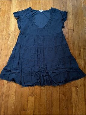 Navy Blue V-Neck Tiered Short Sleeve Dress